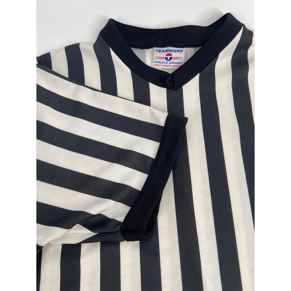 Teamwork Athletic Aprl Referee Shirt Blk/Wht Stripes V-Neck Short‎ Sleeve-Med